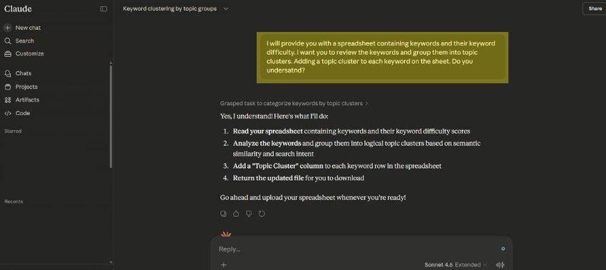 Cluade AI prompt for keyword topic clusters.