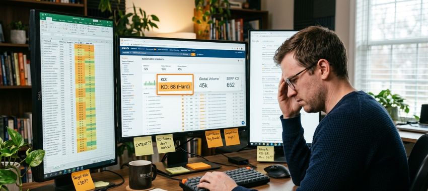 SEO consultant analyzing keyword difficulty and search rankings on desktop workstation