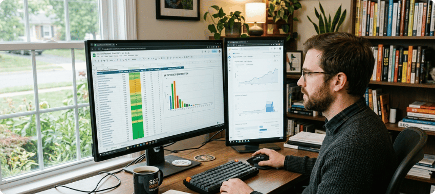 keyword difficulty baseline analysis showing SEO strategist reviewing keyword data and rankings across multiple screens