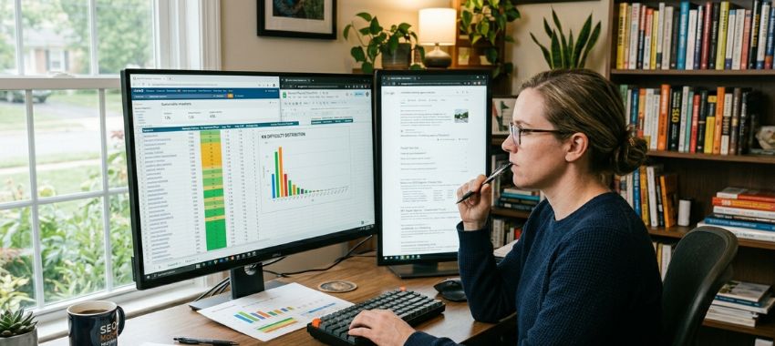 keyword difficulty data table showing KD scores, search volume, and ranking metrics for SEO analysis