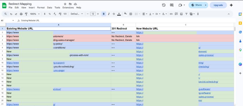 A complete redirect plan on a google sheet. 