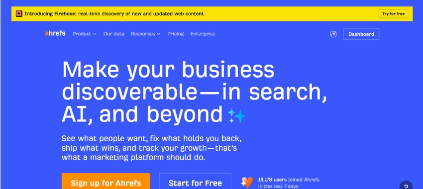 Ahrefs homepage graphic a vital parts of a website content audit and analysis process.