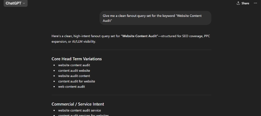 AI prompt or script example used to support content classification, analysis, and workflow automation during a content audit.