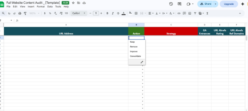 Content audit tracking sheet with page status, ownership, and optimization priorities for ongoing SEO content management.