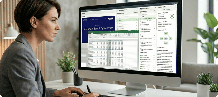 Marketing professional reviewing a full website content audit dashboard on a desktop computer to evaluate SEO performance and content quality.