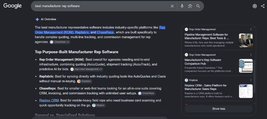 best manufacturer rep software AI overview search result screenshot